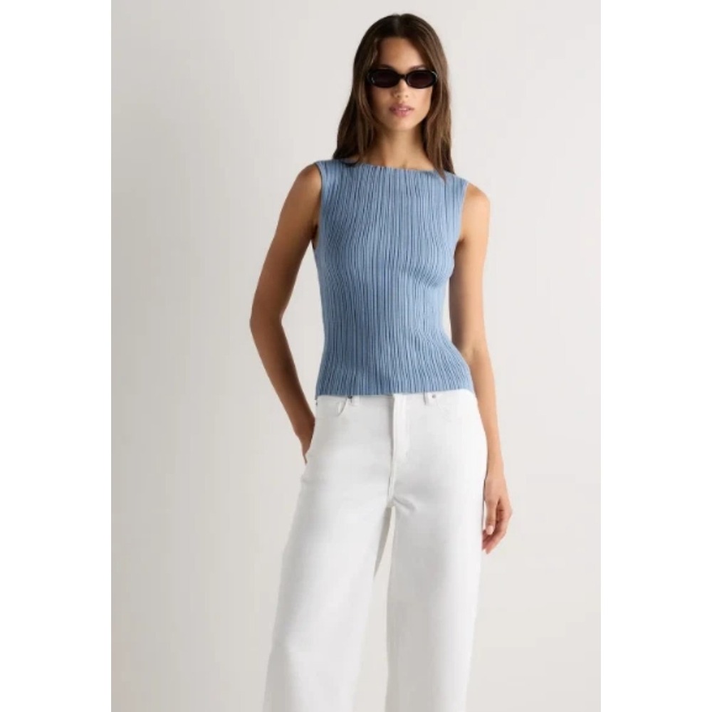 Quince Cotton Cashmere Ribbed Tank Mountain Spring Blue Sz M Minimalist Luxury